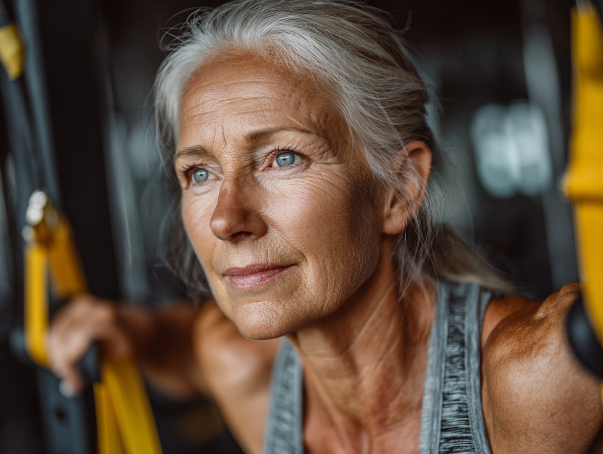 Nyugodt környezetben gyakorlatozó érett nő természetes fényben